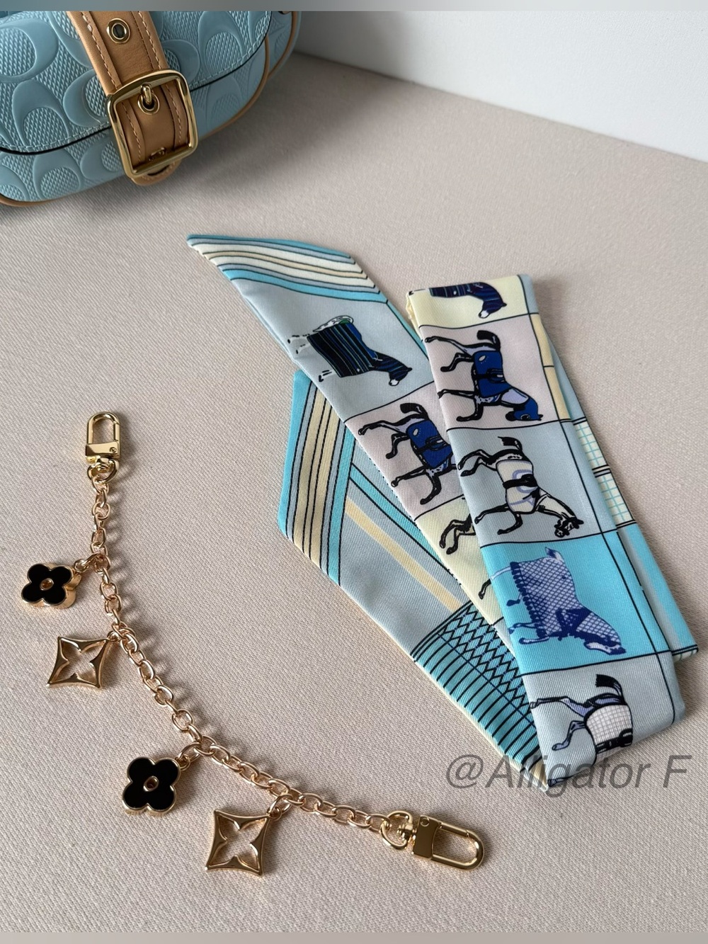 Horse Print Twilly Scarf & Gold Charm Chain Bag Accessory Set